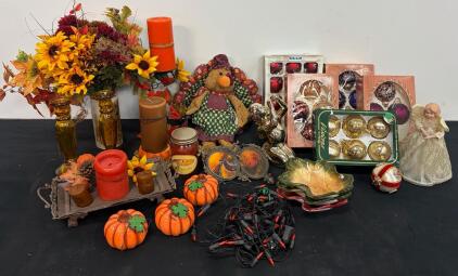 Mixed Lot Autumn & Christmas D&eacute;cor, 30+ Pieces: Glass Ornaments, Candle Holders, Floral, Figurines