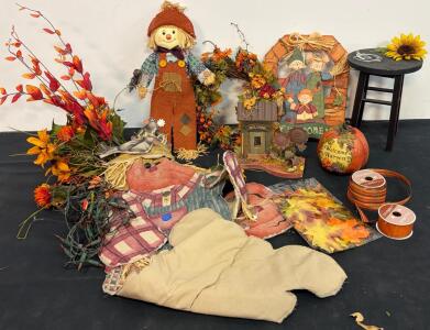 Large Fall Harvest Decor Lot with Scarecrows, Artificial Flowers, Wreath, Lights, Welcome Signs