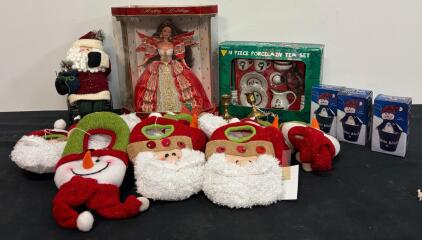 Holiday Collectibles Lot: 1996 Barbie, Snowden Tea Set, Plush Decor, Ornaments, Candlesticks