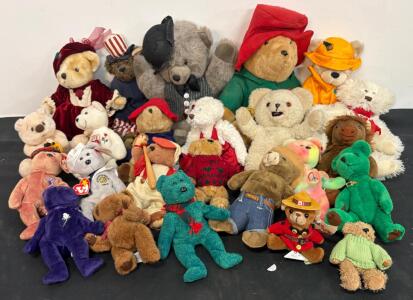 Mixed Lot of 24 Collectible Teddy Bears & Ty Beanie Babies - Princess, Paddington, Smokey Bear
