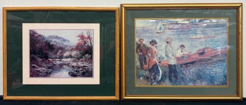 Framed Landscape Signed C.L. Curry Art Print & Framed Impressionist Boating Scene