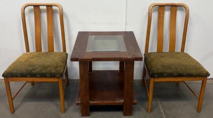 Vintage Wood Dining Chairs Pair & Square End Table with Glass Insert, Olive Pattern Fabric Seats