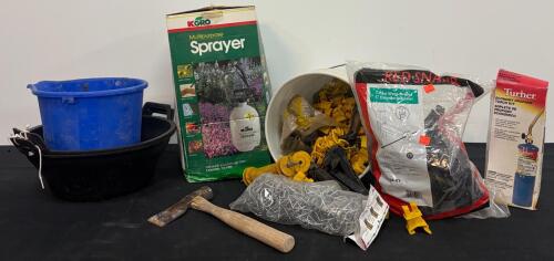 Mixed Lot Farm & Garden Supplies: KGRO 2 Gal Sprayer, Propane Torch Kit, T-Post Insulators, Fencing Clips