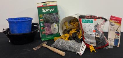 Mixed Lot Farm & Garden Supplies: KGRO 2 Gal Sprayer, Propane Torch Kit, T-Post Insulators, Fencing Clips