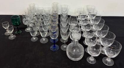 Large Vintage Assorted Stemware Collection &ndash; Etched, Blue Stem, Decanter, Mixed Designs