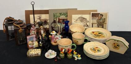 Eclectic Vintage Home Decor Lot: Rooster Ceramics, Art Prints, Figurines, Rustic Lanterns & More