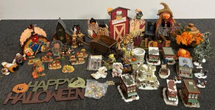 44-Piece Seasonal Holiday Decor Lot: Halloween, Thanksgiving, Christmas Figurines & Village Houses