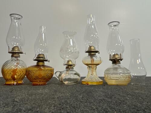 Antique Glass Oil Lamps with Patterned Bases and Etched Chimneys, Late 19th to Early 20th Century