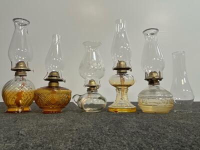 Antique Glass Oil Lamps with Patterned Bases and Etched Chimneys, Late 19th to Early 20th Century