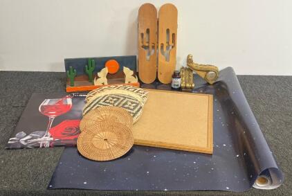 Mixed Wall Decor Lot: Western Shelf with Cactus, Galaxy Poster, Gold Brackets, Corkboard, Canvas Art, Baskets