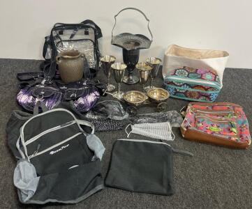 SeekTop Backpack, Patterned Cosmetic Bags, Clear Tote, Silverplated Goblets & Basket Lot