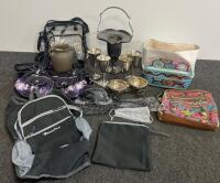 SeekTop Backpack, Patterned Cosmetic Bags, Clear Tote, Silverplated Goblets & Basket Lot