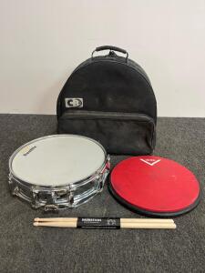 Sunlite 14" Chrome Snare Drum Set with CB Case, Vater Practice Pad, Drumsticks