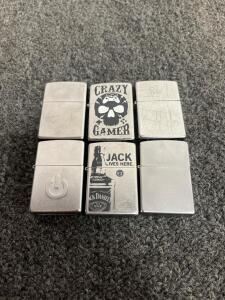 Set of 6 Metal Flip-Top Refillable Lighters &ndash; Jack Daniel&rsquo;s, Crazy Gamer, Power Symbol Designs