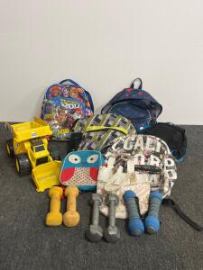 Lot of 5 Backpacks, Skip Hop Owl Kids Bag, Burton Black, Robin Ruth Floral, Zebra Tote & Organizer, Set of 3lb Dumbbells (Empower, Gold's Gym, Hex), Neoprene & Cast Iron, 3 Pairs - Assorted Colors