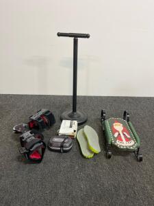 Mixed Lot: DonJoy Knee Brace, Display Stand, Paslode 1" Staples, QIYUM Soap Case, Insoles, Sled
