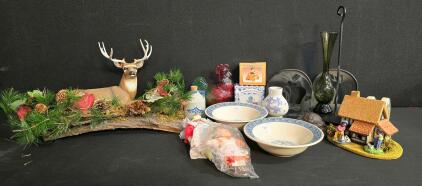 Deer On A Log, Pair of Blue & White Transferware Soup Bowls, Various Home Decor