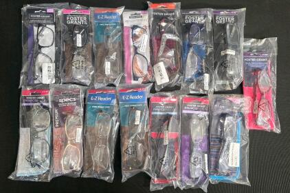 Lot of 15 Foster Grant, E-Z Reader, Simply Specs Reading Glasses +2.50 to +3.25, Cases Included, Assorted Styles