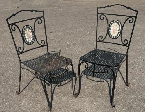 Wrought Iron Patio Chairs with Mosaic Tile Inlay &ndash; Black Lattice Seat, Pair, Outdoor Garden