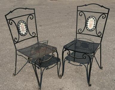Wrought Iron Patio Chairs with Mosaic Tile Inlay &ndash; Black Lattice Seat, Pair, Outdoor Garden