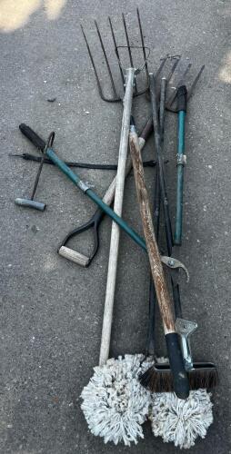 Mixed Lot: Pitchforks, Garden Fork, Cleaning Mops/Brushes, Lopper, Bale Hooks &ndash; Fair to Good Condition