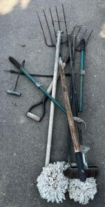 Mixed Lot: Pitchforks, Garden Fork, Cleaning Mops/Brushes, Lopper, Bale Hooks &ndash; Fair to Good Condition