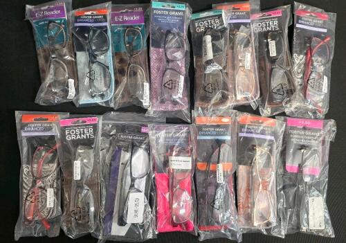 Lot of 15 Foster Grant, E-Z Reader, Simply Specs Reading Glasses +2.50 to +3.25, Cases Included, Assorted Styles