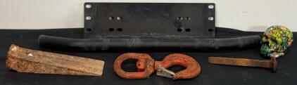 Mixed Industrial Lot: Lifting Hook, Steel Bracket, Railroad Rail & Spike, Resin Art Skull