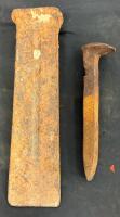 Mixed Industrial Lot: Lifting Hook, Steel Bracket, Railroad Rail & Spike, Resin Art Skull - 2