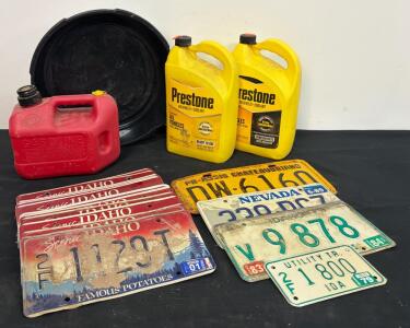 Garage Lot: Idaho, Nevada, Brazil License Plates, Blitz Gas Can, Prestone Coolant, Oil Drain Pan