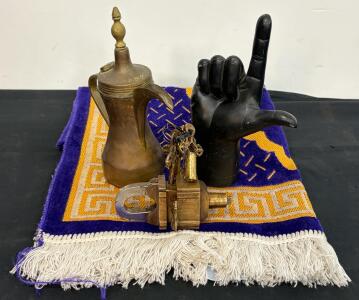 Antique Brass Padlock, Dallah Coffee Pot, Prayer Rug, and Black Display Hand Set