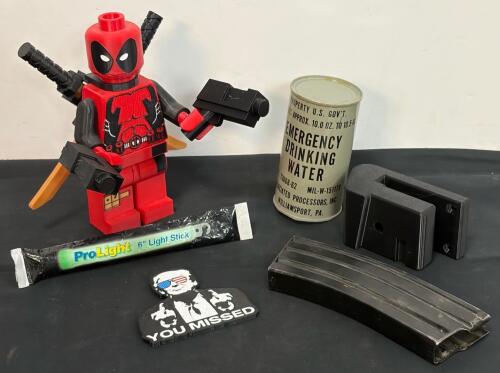 Deadpool LEGO Statue, AR-15 Magazine, Emergency Water Can, ProLight Stick, Patch & More Lot