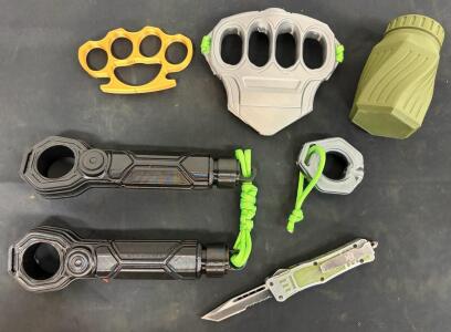 3D Printed Martial Arts Props & Folding Tanto Knife Set - Nunchaku, Knuckles, Training Grenade