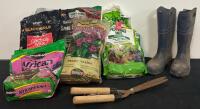 Garden Supply Bundle: Rubber Work Boots (Men 8/Women 10), Hedge Shears, 6 Soil Potting Mixes