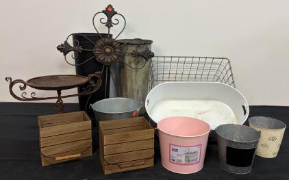Mixed Lot of 10 Decorative Planters, Metal Pails, Wire Basket, Floor Vases, Wall Art and Pedestal Urn