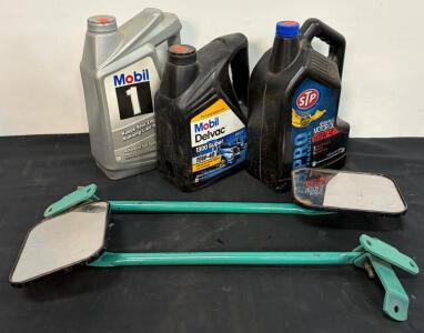 Vintage Pair of Universal Tow/Side Mirrors &ndash; Teal Metal Arms + 3 Motor Oil Jugs (Mobil 1, Mobil Delvac, STP) &ndash; Garage Lot