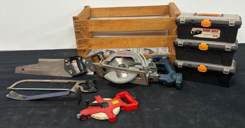 Bosch Cordless Circular Saw, Tool Boxes, Stanley Saws & Mixed Hand Tools, Storage Crate Lot