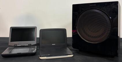Samsung PS-AW720S 90W Subwoofer, RCA & Philips 7" Portable DVD Players w/ Cases