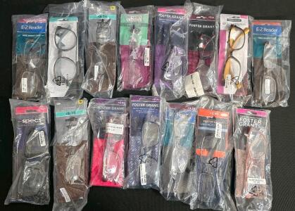 Lot of 15 Foster Grant, E-Z Reader, Simply Specs Reading Glasses +2.50 to +3.25, Cases Included, Assorted Styles
