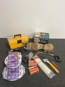 Mixed Hand Tools & Cable Installation Lot: Omega Toolbox, CLC Belt, 2x RG6 Coax Cables, Hampton Bay Timer