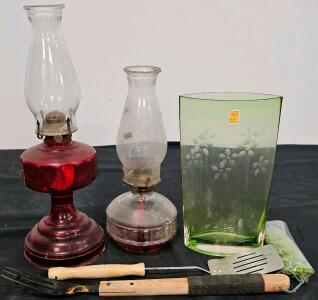 Vintage Red & Clear Glass Oil Lamps, Green Art Glass Vase, Decorative Stones, BBQ Utensils