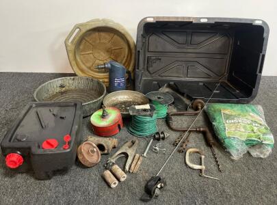 Garage Workshop Assorted Tools Lot w/ Storage Bin &ndash; Wire, Pans, Hardware, Garden Netting