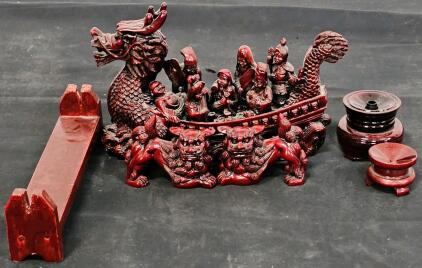 Chinese Dragon Boat Figurine Set, Eight Immortals, Foo Dogs, Red Resin, Stand & Accessories