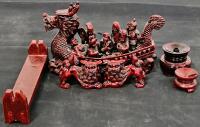 Chinese Dragon Boat Figurine Set, Eight Immortals, Foo Dogs, Red Resin, Stand & Accessories