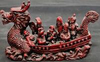 Chinese Dragon Boat Figurine Set, Eight Immortals, Foo Dogs, Red Resin, Stand & Accessories - 2