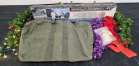 US Military Flyers Kit Bag 11-1-302, Industries for the Blind, 1981, Olive Drab Canvas, 24"x18"x13", Advanced Tether Ball Set in Box, Christmas Garland w/ Lights, Purple Garland, Christmas Angel, Christmas Bows