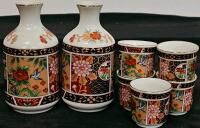 Hand-Painted Mosaic Glass Tumblers Set & Japanese Porcelain Sake Set, 2 Bottles 6 Cups, Floral/Bird - 2