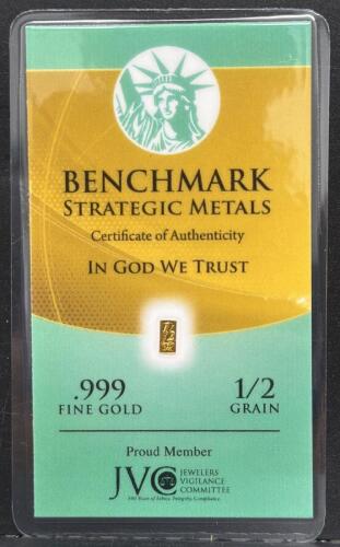 Benchmark Strategic Metals .999 Fine Gold Bar, 1/2 Grain, Serial 1025989, USA, Certificate