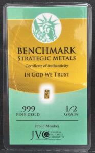 Benchmark Strategic Metals .999 Fine Gold Bar, 1/2 Grain, Serial 1025989, USA, Certificate