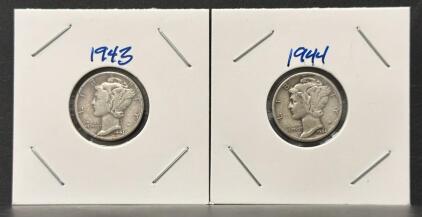 1943 & 1944 Mercury Dime Pair, 90% Silver, Circulated, Philadelphia Mint, U.S. Coins